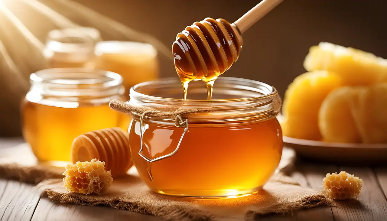 organic honey with wooden dipper